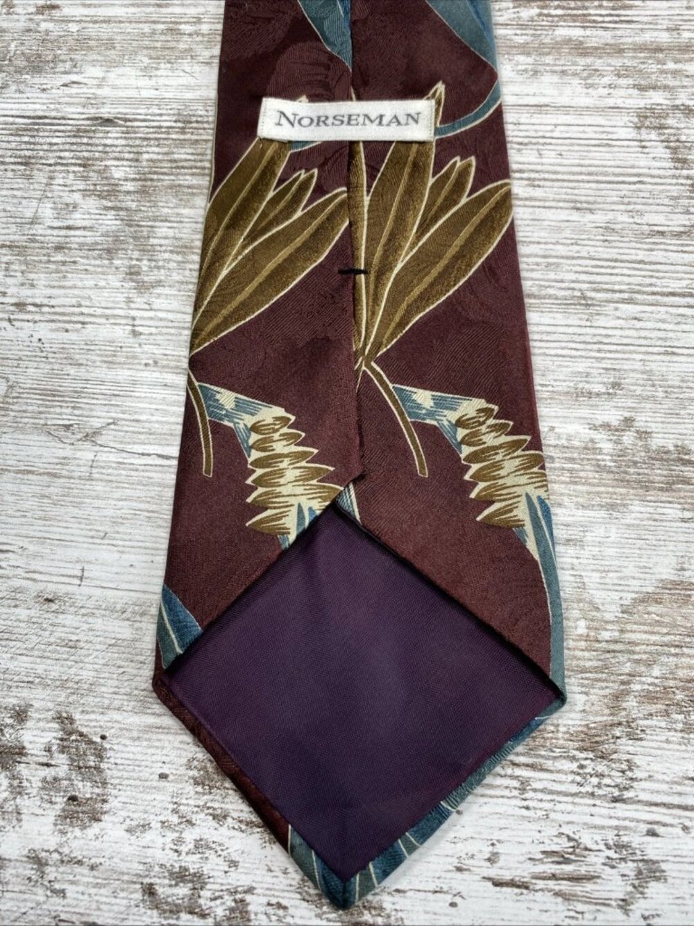 Vintage Norseman Silk Tie Tropical Leaf Burgundy Teal Abstract 58x3.75 USA - Picture 3 of 5